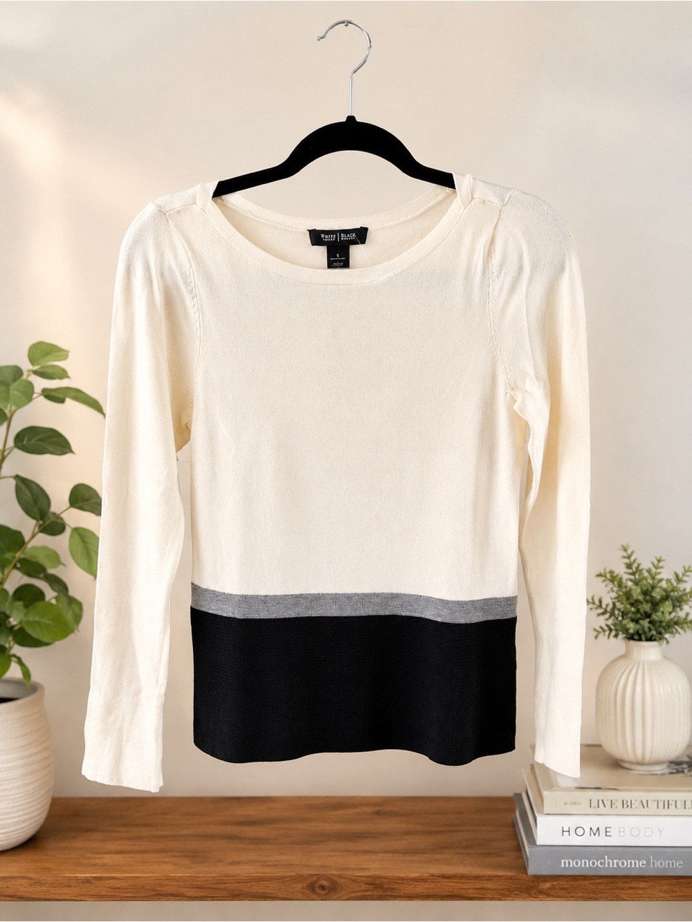 White House Black Market Cream Ribbed Crewneck Top